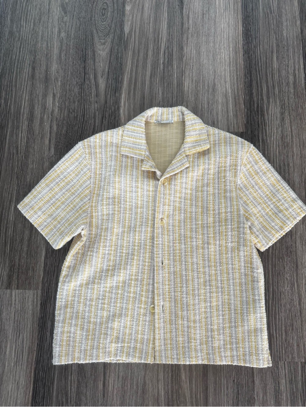 Zara Yellow & White Striped Short-Sleeve Camp Collar Shirt
